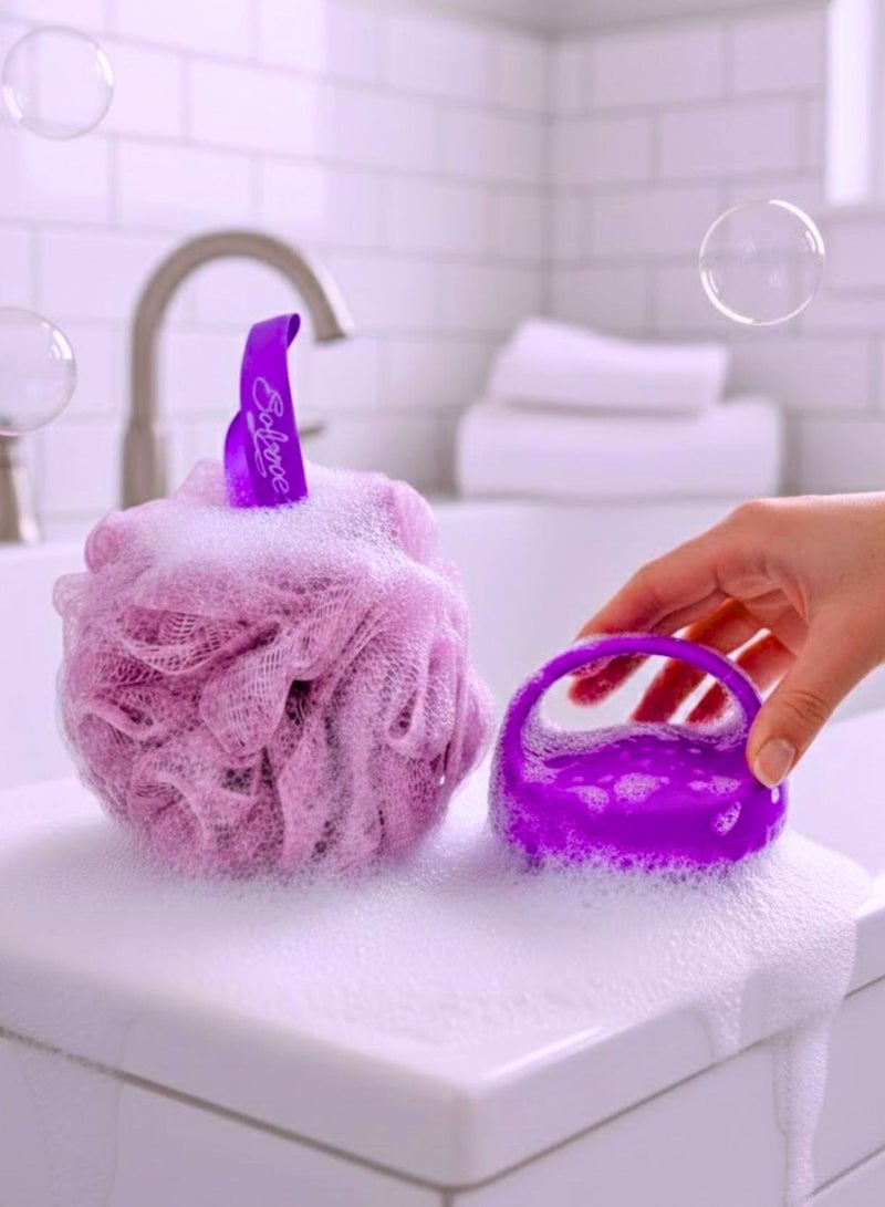 SOLARAE 2-in-1 Shower Loofah & Scalp Massager Shampoo Brush Set – Exfoliating Bath Sponge Body Scrubber + Silicone Hair Scalp Scrubber for Dandruff Removal, Deep Clean Shower Accessories for Men & Women (Purple) - Image 2